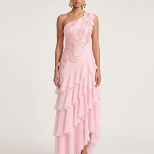 Orchid Embroidered One Shoulder Ruffle Maxi Dress - Pink - view 1