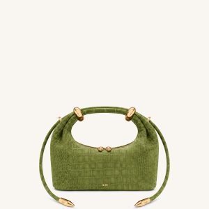 Ellie Faux Suede Metal Ring Embellished Top Handle Bag - Green Croc