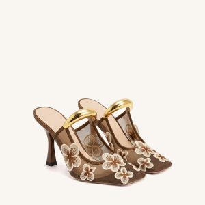 Mireille Pierced Floral Embroidered Appliqué Mesh Mules - Brown