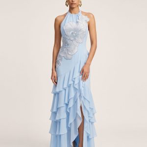 Orchid Embroidered Halter Asymmetric Ruffle Maxi Dress - Light Blue - view 1