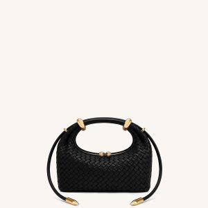 Ellie Woven Metal Ring Embellished Top Handle Bag - Dark Black