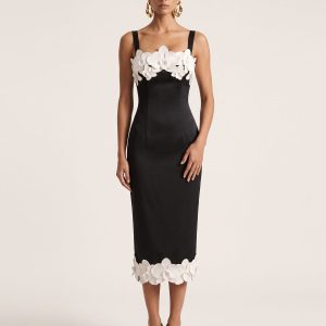 Orchid Embroidered Strappy Square Neck Midi Dress - Black - view 1