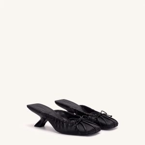 Solenne Satin Bow Ruched Mules - Black
