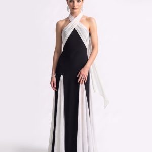 Cross Halter Draped Contrast Slit Maxi Gown - Black & White