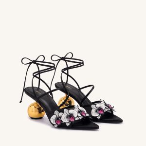 Celia Orchid Embroidered Sphere Heel Lace-Up Sandals - Black
