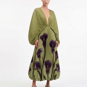 Calla Lily Pleated Balloon-Hem Maxi Dress - Olive Green