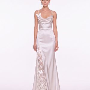 Butterfly Lace Panel Satin Cowl Maxi Dress - Ivory