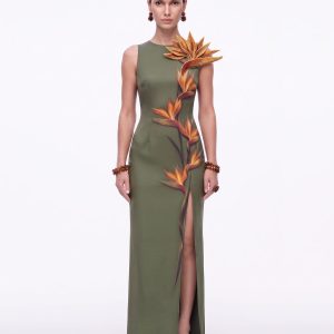 Bird of Paradise Appliqué Slit Maxi Dress - Olive Green