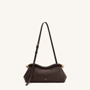 Naomi Faux Ostrich Grain Curved Shoulder Bag - Dark Brown