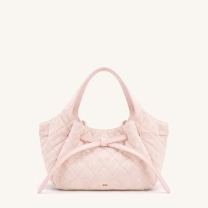 Mabel Faux Suede Quilted Soft Bow Tote Bag - Light Pink
