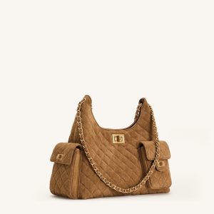 Vivian Faux Suede Quilted Chain Shoulder Bag - Caramel Brown