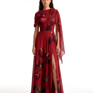 Tulip Floral Draped Cape Slit Maxi Dress - Burgundy