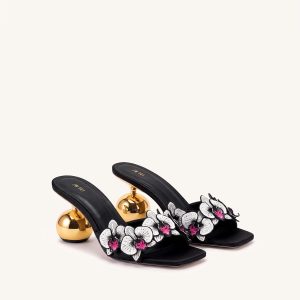 Celia Orchid Embroidered Sphere Heel Mules - Black
