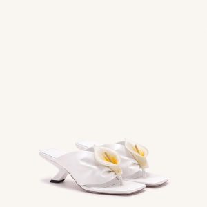 Bianca Calla Lily Ruched Toe-Post Heeled Sandals - White