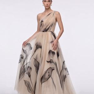 Calla Lily One-Shoulder Tulle Ball Gown - Beige
