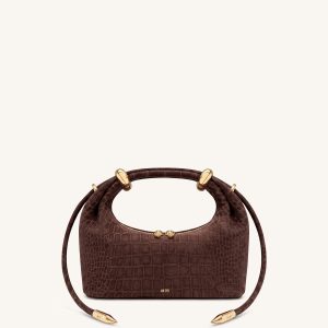 Ellie Faux Suede Metal Ring Embellished Top Handle Bag - Chocolate Brown Croc