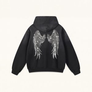 The Seraphic Crystal Feather Wing Hoodie - Washed Black - view 1