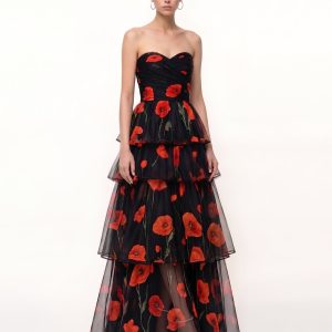 Printed Corn Poppy Tiered Tulle Strapless Maxi Dress - Black