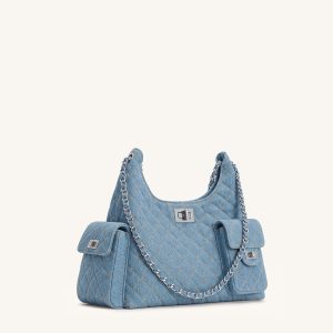 Vivian Quilted Chain Shoulder Bag - Light Blue Denim