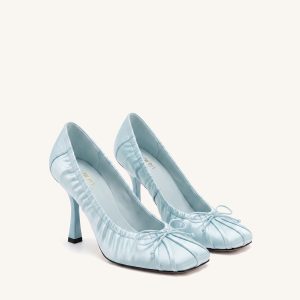 Solenne Satin Bow Ruched Pumps - Blue