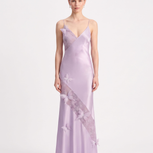 Butterfly Lace Panel Satin Slip Maxi Dress - Lavender