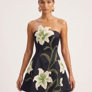 Lily Floral Print Strapless A-Line Mini Dress - Black - view 1