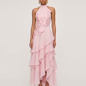 Orchid Embroidered Halter Asymmetric Layered Maxi Dress - Pink - view 1