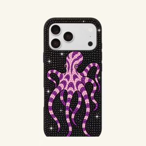 Purple Octopus Rhinestone Phone Case – Black