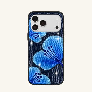 Blue Leaf Motif Artificial Crystal Phone Case – Navy Blue