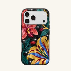 Tropical Floral Artificial Crystal Phone Case – Black