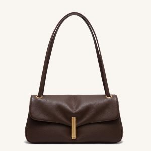 Valerie Pebbled Bar Clasp Shoulder Bag – Dark Brown