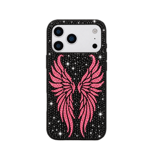 Pink Rhinestone Angel Wings Phone Case – Black