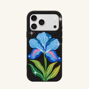 Blue Rhinestone Flower Phone Case – Black