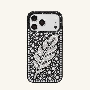 Feather Pearl Rhinestone Phone Case – Black