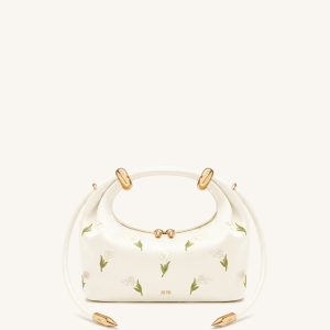 Ellie Satin Finish Embroidered Metal Ring Embellished Top Handle Bag - White