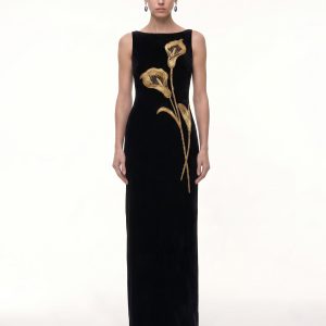 Calla Lily Embellished Velvet Column Maxi Dress - Black