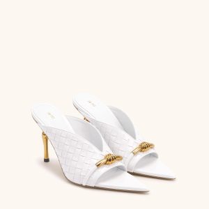Lena Metal Rope Knot Woven Upper Mule Heels - White