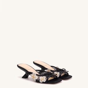 Mireille Bow Floral Embroidered Appliqué Mesh Heeled Sandals - Black
