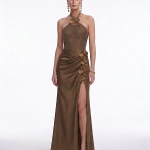 Floral Appliqué Halter Slit Satin Maxi Dress - Brown