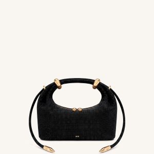 Ellie Faux Suede Metal Ring Embellished Top Handle Bag - Black Croc