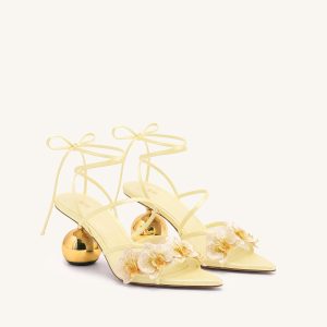 Celia Orchid Embroidered Sphere Heel Lace-Up Sandals - Yellow