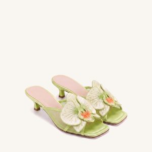 Serena Oversized Orchid Embroidered Mules - Chartreuse