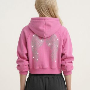 The Darling Crystal Feather Wing Cropped Hoodie - Acid Pink - view 1