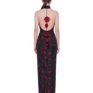 Floral Jacquard Halter Open-Back Maxi Dress - Black & Red - view 1