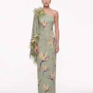 Bird of Paradise Feather-Trim One-Shoulder Maxi Dress - Green