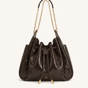 Rowan Ruched Drawstring Chain Bucket Bag - Chestnut Brown