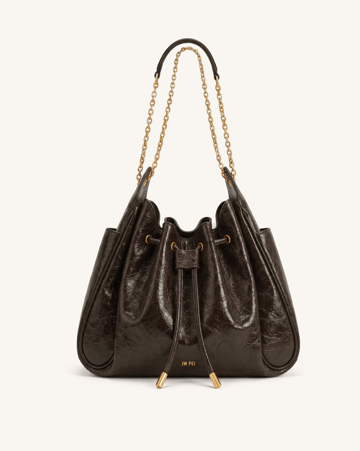 Rowan Ruched Drawstring Chain Bucket Bag - Chestnut Brown